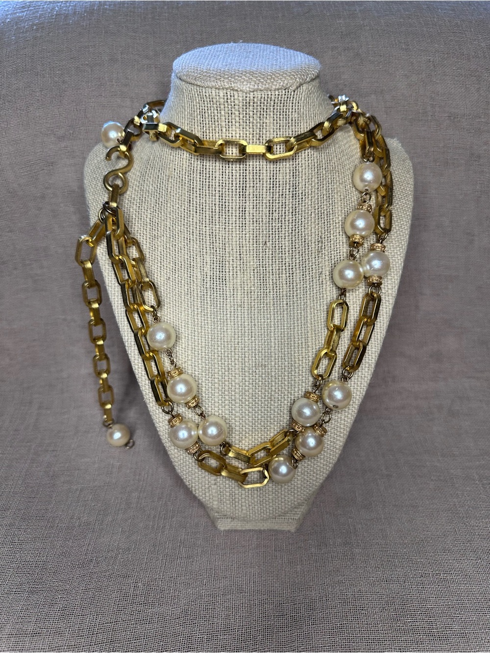 Vintage 80s Gold Chain Belt Faux Pearl Swag Link Boho Adjustable Necklace - Picture 10 of 10